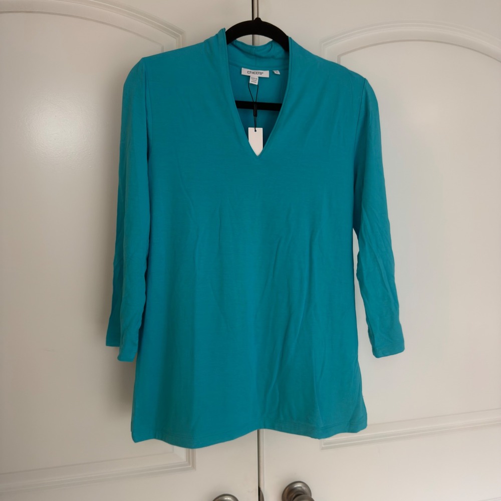 Chicos Touch of Cool 3/4 Sleeve V Neck Tee Oceano Teal Blue Top 570356257 Size 1
